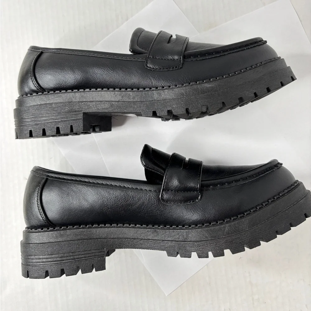 POP Womens Chunky Platform Penny Loafers Black Faux Leather Shoe Size 10 Gothic